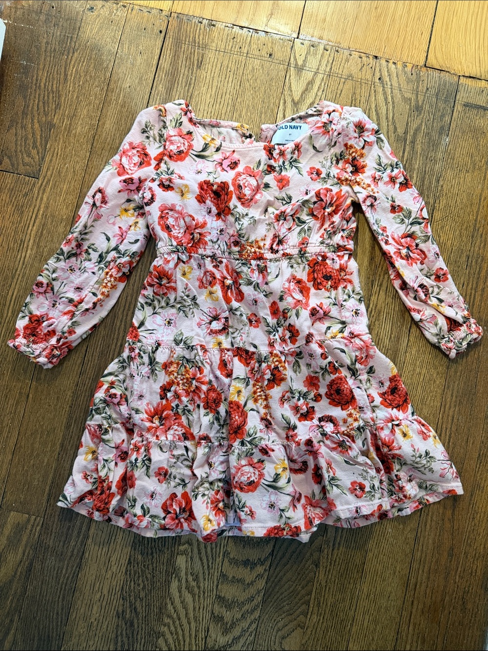 Old Navy Pink Floral Tiered Long-Sleeve Dress